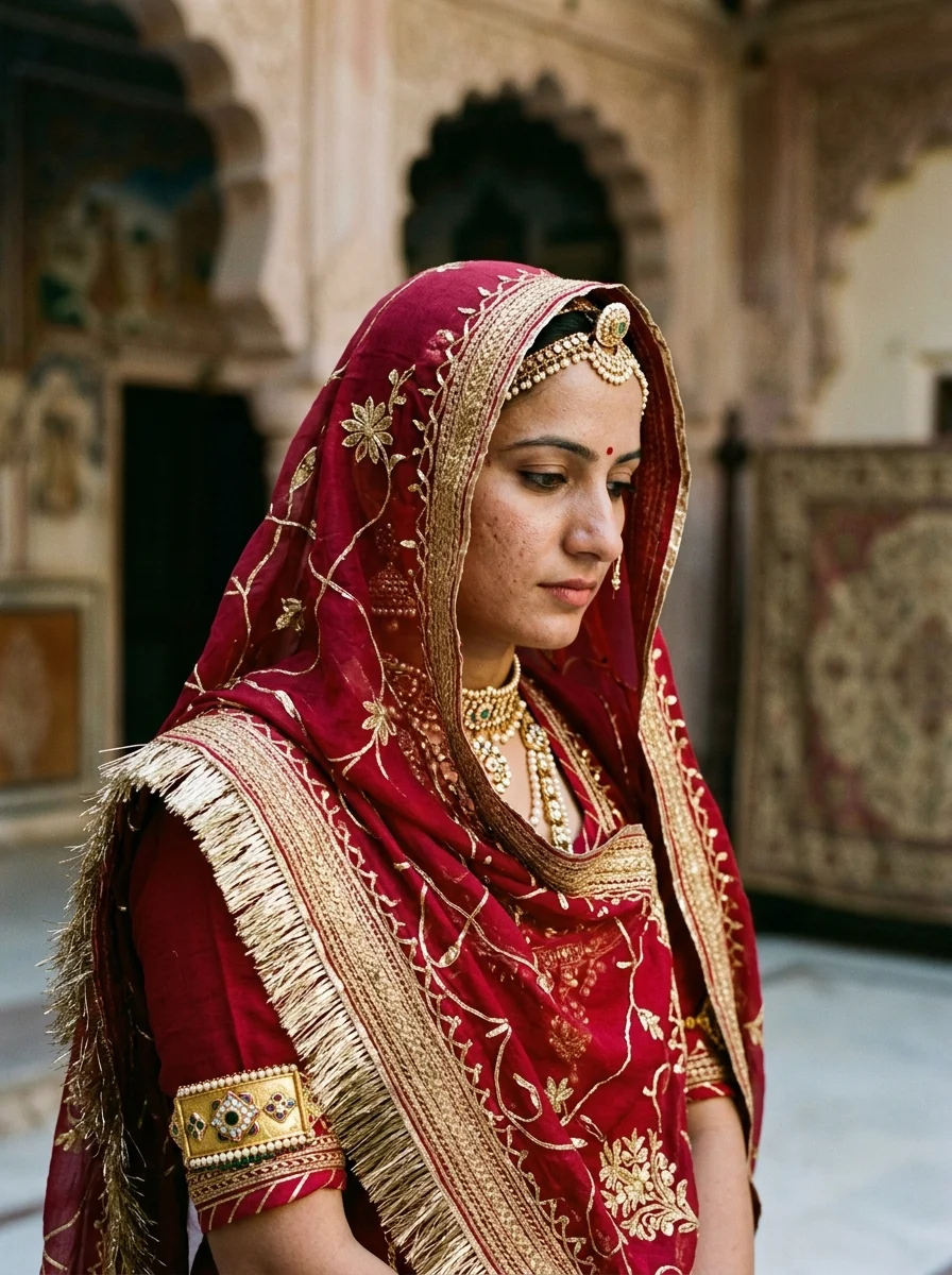 Close-up Detail of Traditional Rajputi Poshak Odhani Embroidery