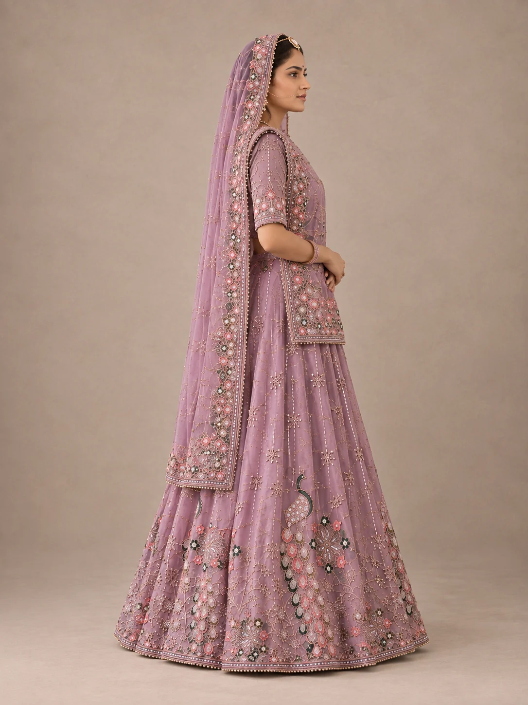 Morika-Lavender-Poshak Rajputi poshak – Fine Georgette & Pure Silk Magji with Modern Gotapatti Flowers & Silver Kasab – view 3