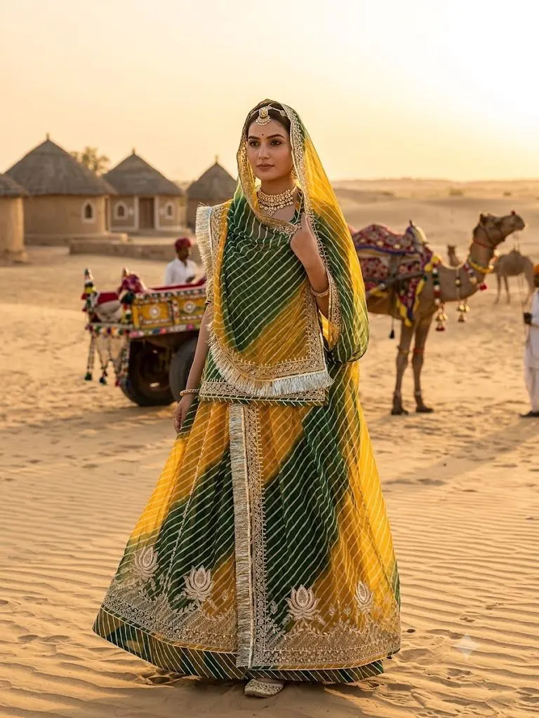Hari Kesariya Leheriya Semi Stitched Poshak
