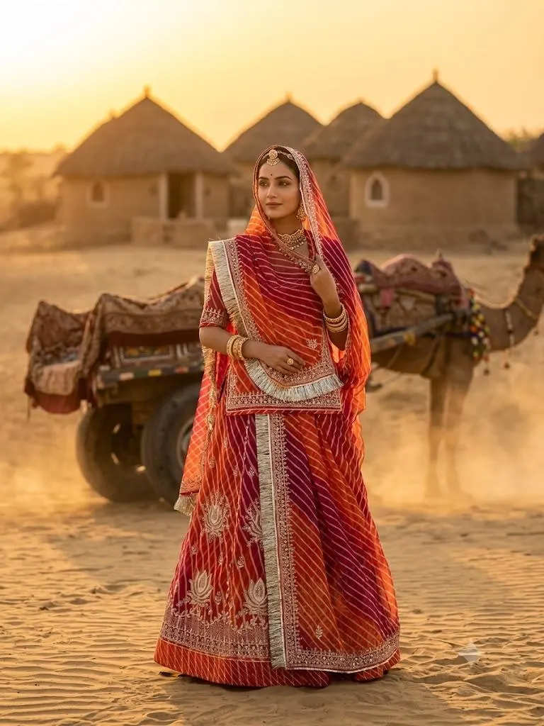 Surkh Kesariya Leheriya Semi Stitched Poshak