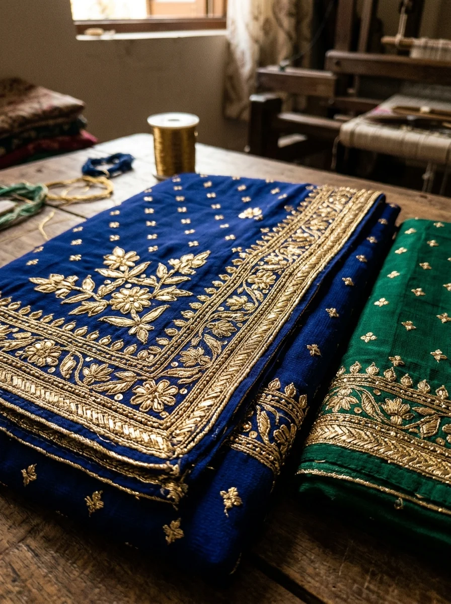 Curated unstitched poshak fabric with gota borders and zari motifs